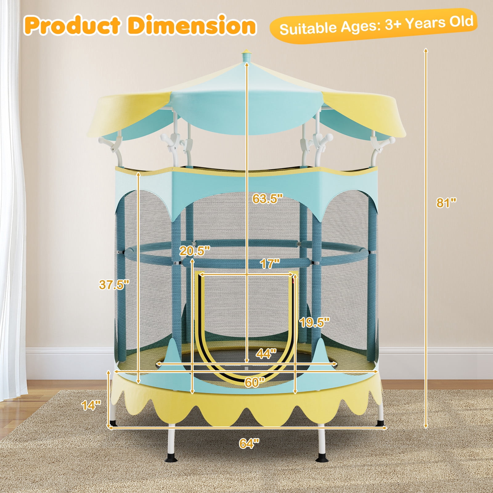 Infans 64" Kids Trampoline w/ Detachable Canopy Safety Enclosure Net Foam Handle Yellow