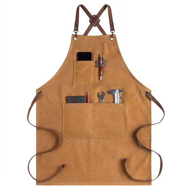Delantal de Lona para Hombre con Bolsillos -Delantal de Cocina con Espalda Cruzada para Cocinar Asar Hornear Barbacoa Peluquero -MarróN