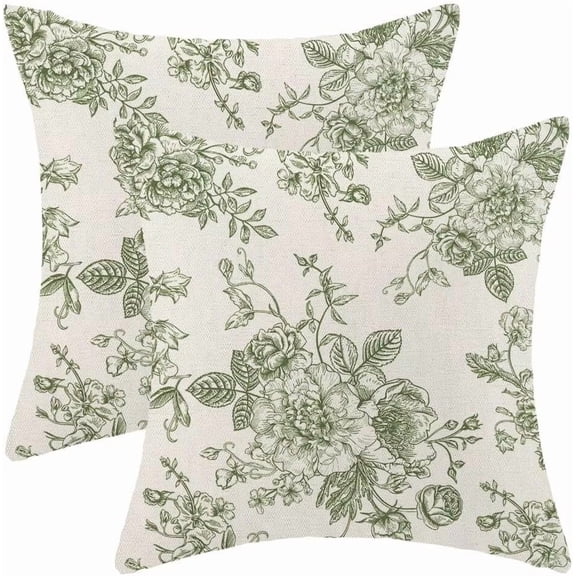 Chinoiserie Floral Pillow Covers 18 x 18 Inch Set of 2, Vintage Sage Green Flower Decorative Throw Pillow Covers Outdoor Linen Farmhouse Decor Pillowcase for Home Sofa
