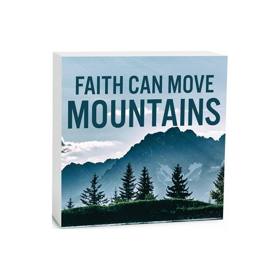 Faith Move Mountains Blue Mountain Scene 5 x 5 Wood Tabletop Sign Plaque