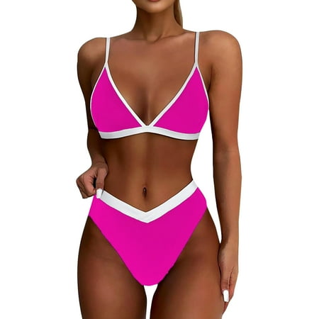 Biziza Two Piece Swimsuit for Women Trendy Pink with Built in Bra Solid Color 2025 Padded Bikini Sets Split Tummy Control Swimsuits
