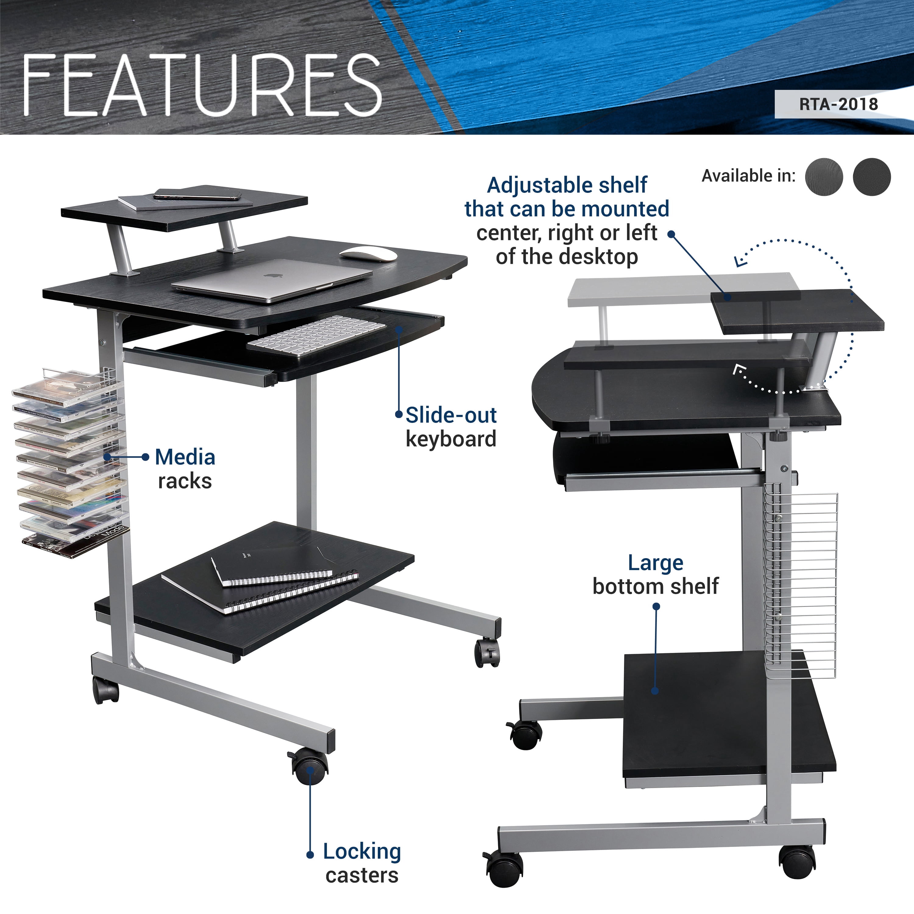 Compact Computer Cart with Multi Storage Shelves, Adjustable Side Shelf Slide-Out Keyboard Tray Lockable Casters Moisture Resistant Particle Board PC Workstation Cart
