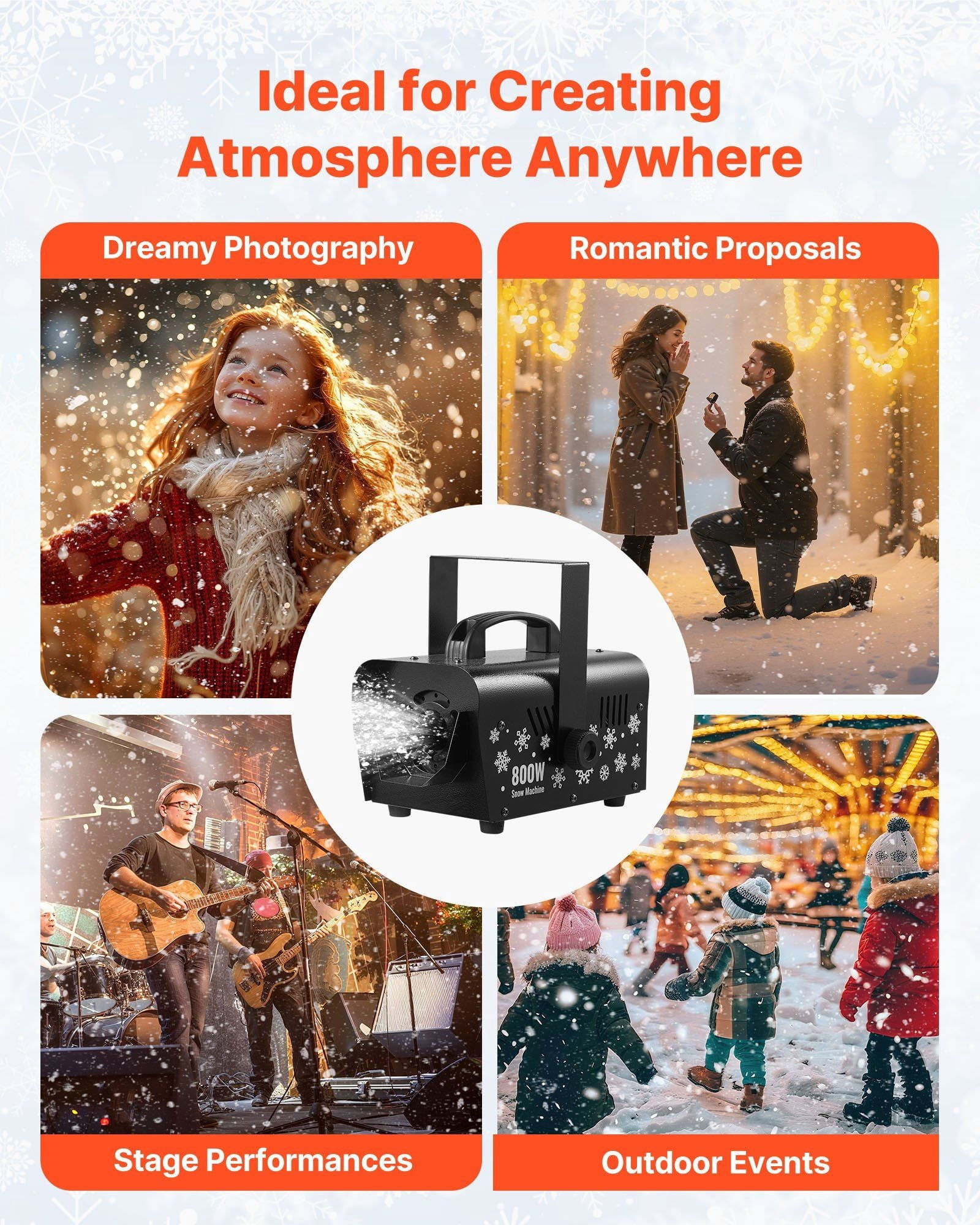 Snow Machine, 800W Handheld/Hanging Snow Maker, Portable Wireless Remote Snowmaking machine with 1L Tank & Handle, Outdoor & Indoor Snowflake Maker for Christmas Party Stage Effect