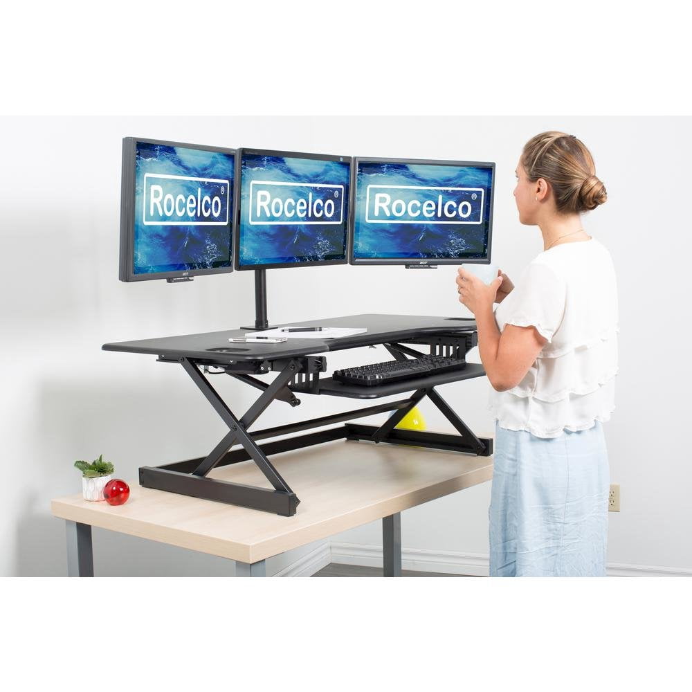 Rocelco 46" Large Height Adjustable Standing Desk Converter with Triple Monitor Mount BUNDLE - Quick Sit Stand Up Computer Workstation Riser - Retractable Keyboard Tray - Black