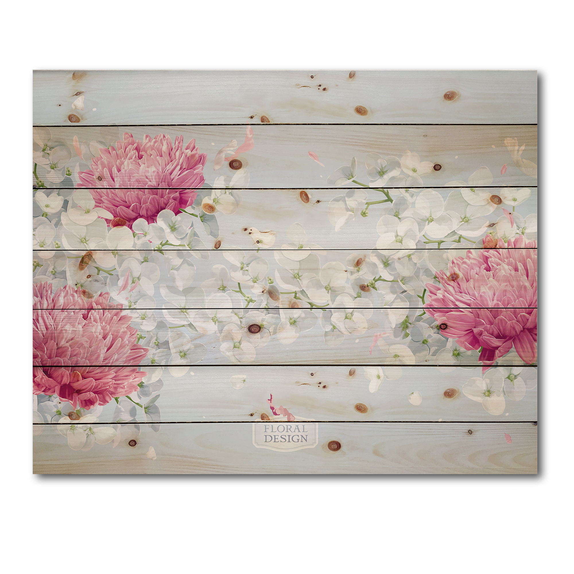 Designart 'Apple Blossom and Chrysanthemums' Traditional Print on Natural Pine Wood