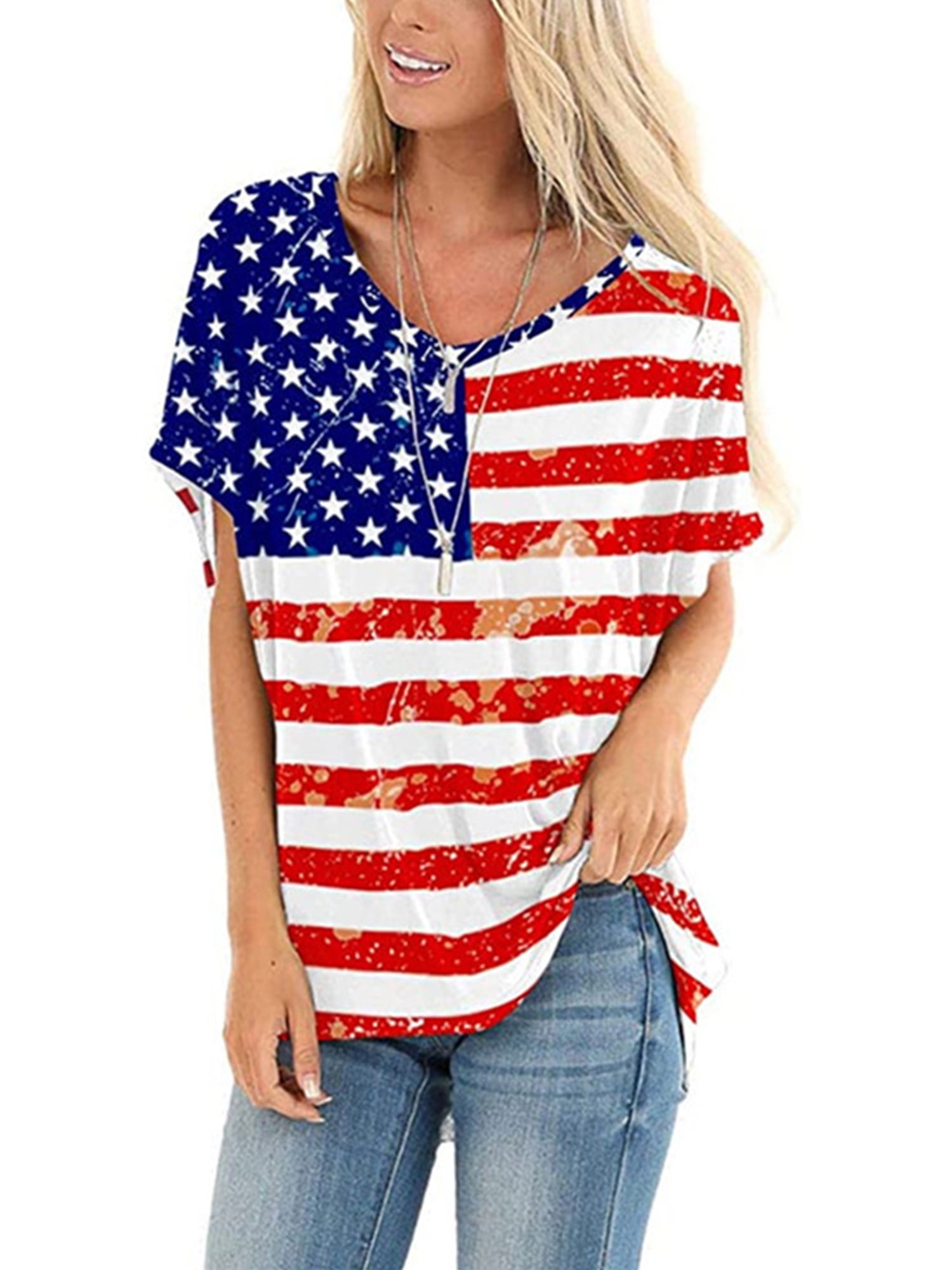 Women Plus Size V Neck Graphic T Shirt Independence Day Flag Print Tee Summer Casual Loose 4th of July Tunic Blouse Tops