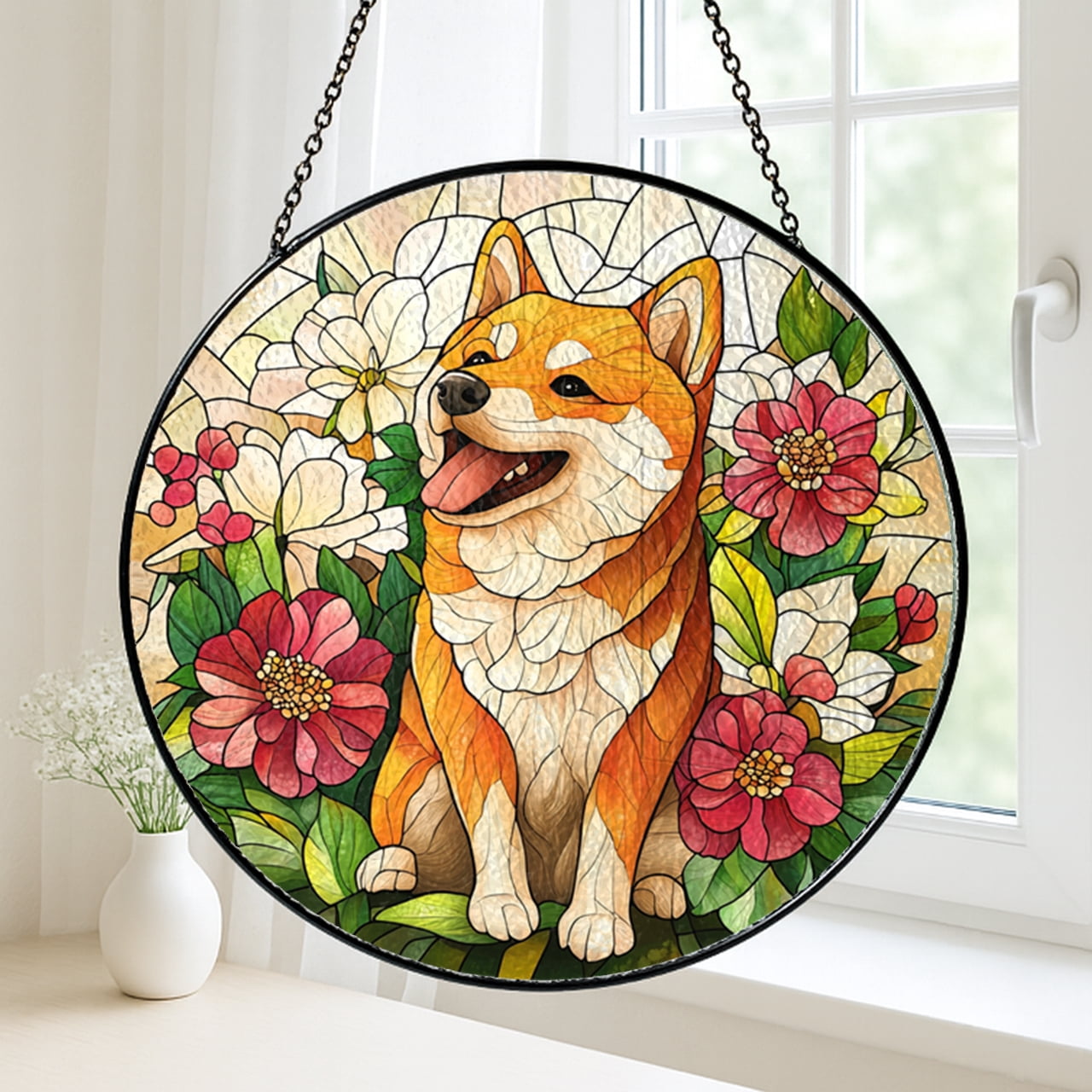 Colorful Shiba Inu Dog Stained Glass Suncatcher, Window Hanging Panel, Gift for Dog Enthusiasts