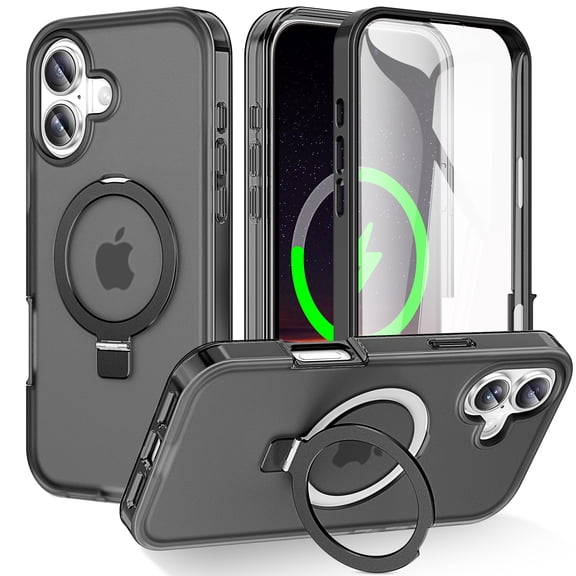 for iPhone 17 Case, with Magnetic Invisible Stand [Military Drop Protection] [Compatible with MagSafe] Shockproof Slim Translucent Anti-Slip Case Cover with Screen Protector, Black