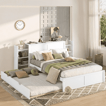 Bellemave Full Size Storage Bed with Trundle, Wood Platform Bed Frame with Storage Shelves Headboard, Full Beds for Teens Adults Bedroom（White)