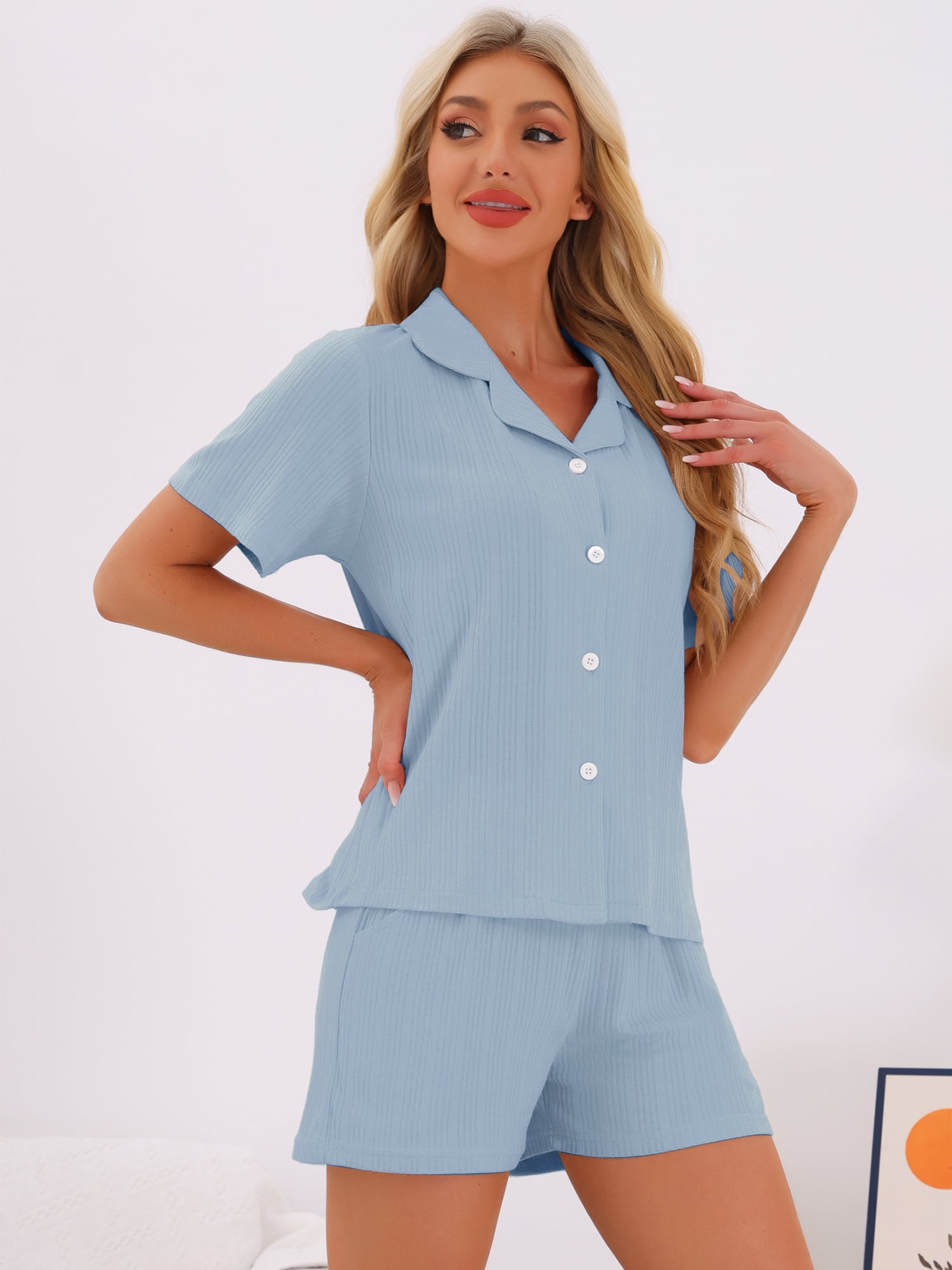 DARING DIVA Pajamas Set 100% Cotton Button Down Notch Collar Sleepwear M Blue