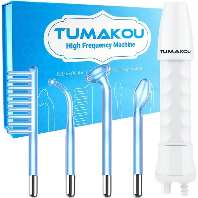Varita facial de alta frecuencia - TUMAKOU Máquina facial portátil de mano azul de alta frecuencia - 4 tubos de vidrio azul diferentes para la piel
