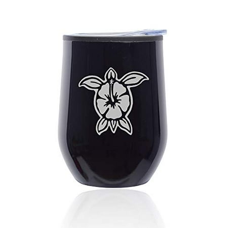 

Stemless Wine Tumbler Coffee Travel Mug Glass with Lid Hibiscus Turtle (Midnight Black)