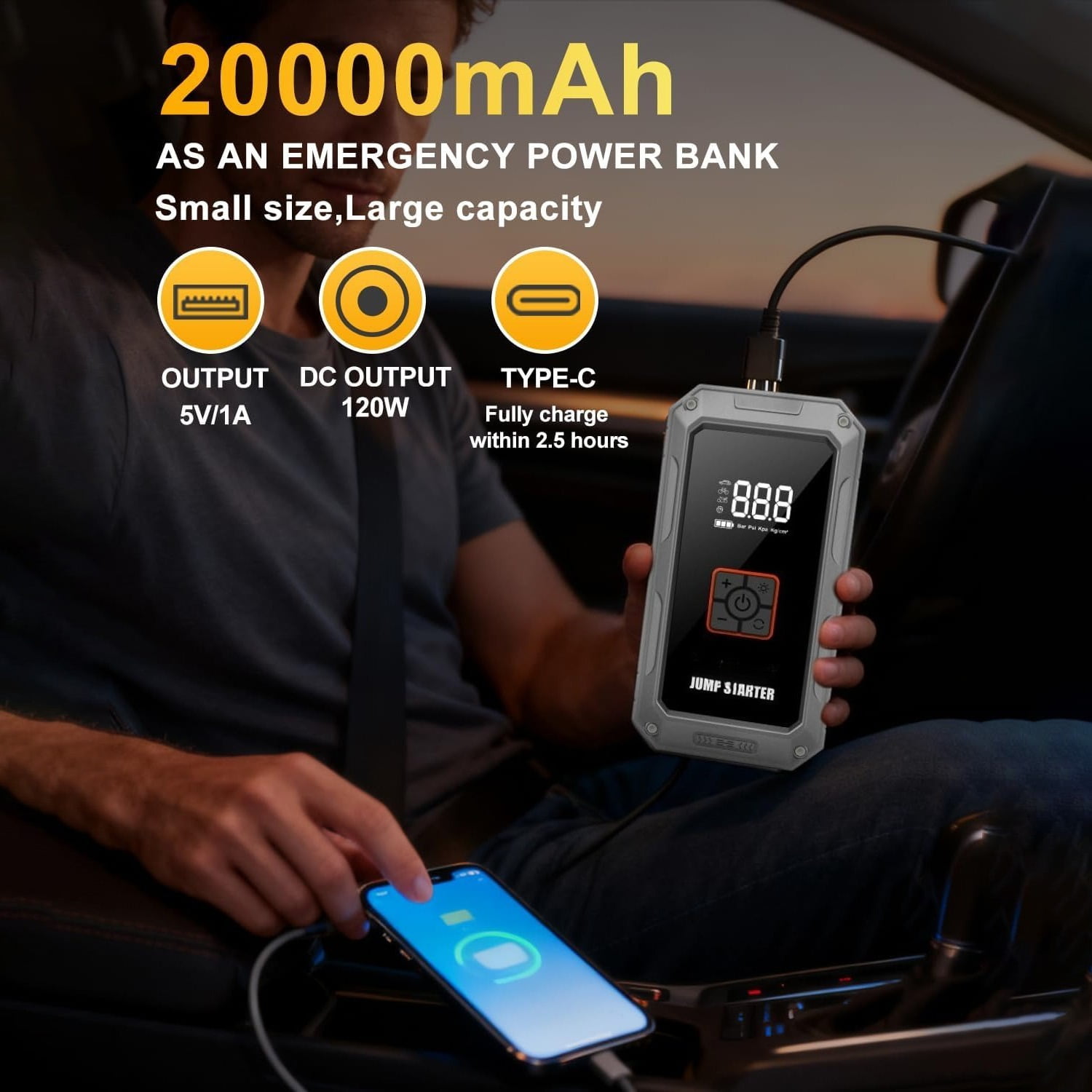 Oandys 4500A Car Jump Starter with 150PSI Air Compressor, 12V Portable Battery Booster Pack for 9.0L Gas/8.0L Diesel Engines, with LED Display, Emergency LED Light & Power Bank Function