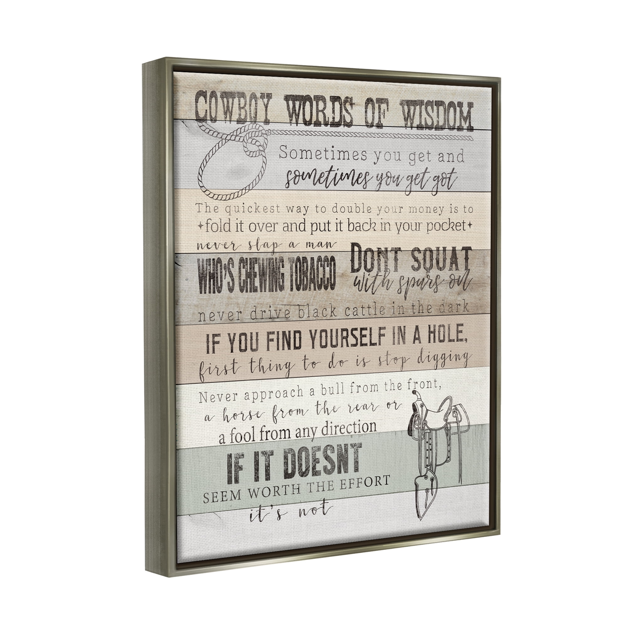 Stupell Industries Cowboy Words of Wisdom Typography Painting Gray Floater Framed Canvas Art Print Wall Art, 25 x 31