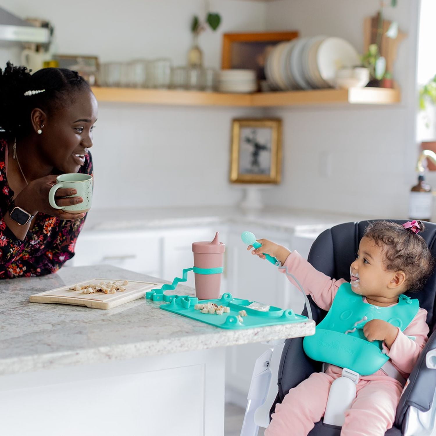 Busy Baby Silicone, BPA-Free Utensils for Babies and Toddlers, Fork, Spoon and Knife Set, Spearmint