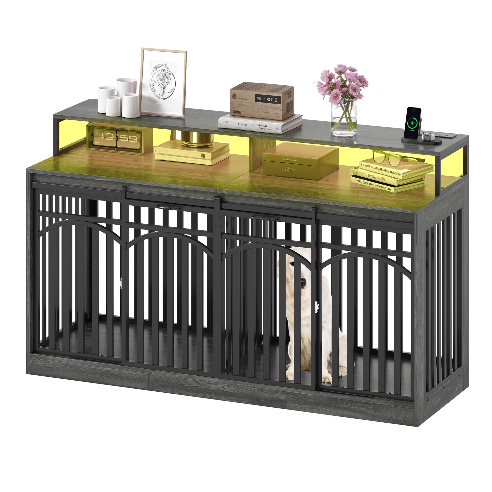 Craftian 71" Dog Crate Furniture, TV Stand with LED Lighting and Power Outlets, Dog Kennel for Large Dogs - Black Oak