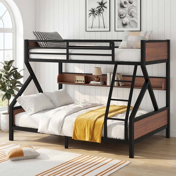 Twin over Full Bunk Bed with Shelf, Metal Bunk Bed Frame with Built-In Ladder, Shelf, Wood Look Panels and Triangular Support for Small Spaces, Black