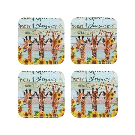 

Leather Coasters Set of 4 - Happy Today Giraffe Sunflower Lightweight Non-Slip Drink Coasters for Desk Anti-Scalding Desk Cup Coasters for Office Table Decor Square