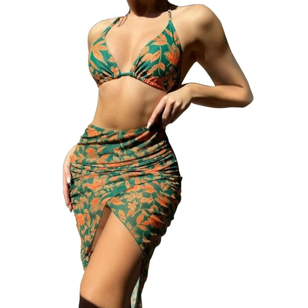 Gibobby Trajes de Baño para Mujer Traje de baño de bikini de dos piezas sexy push up con vestido multicolor estampado para mujer(Naranja,CH)
