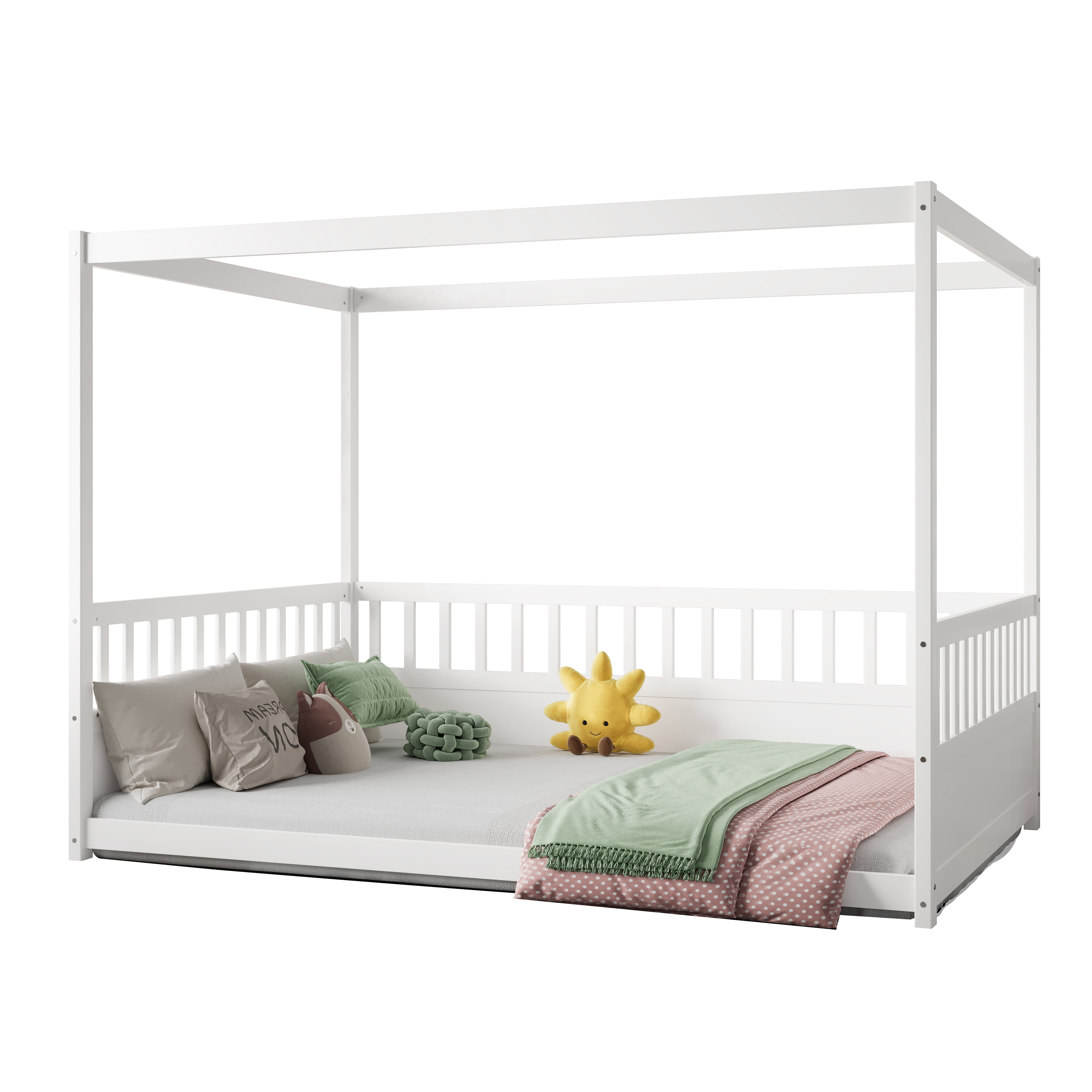 Canopy Bed Frame with Guardrails for Kids, Full Size Floor Bed with Four Poster Design, White Pine Wood Montessori Bed, Low Profile Floor Bed with 21.45-Inch Guardrail