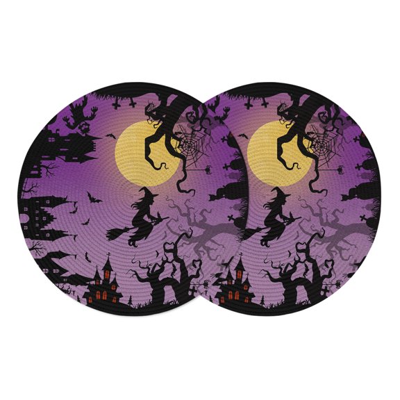 Halloween Round Placemats Set of 2, Braided Polypropylene Place Mats, Modern Castle Witch Forest Moon Purple Washable Table Mats for Kitchen Dinner Holiday Wedding Party Coffee Table Decoration 13"