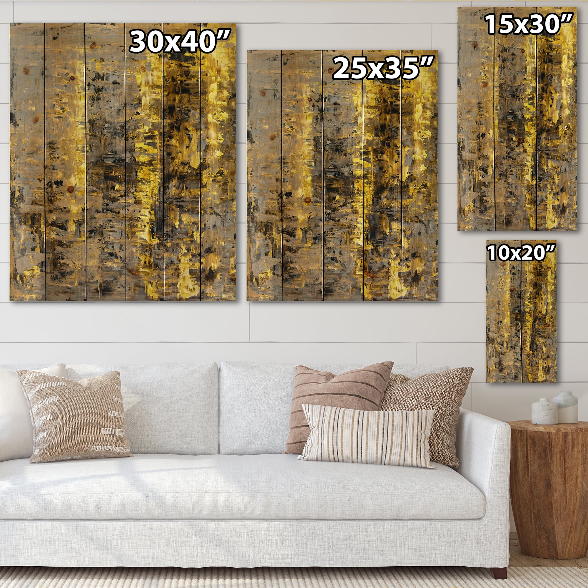 Designart 'Grey Meets Yellow Abstract Art II' Modern Print on Natural Pine Wood