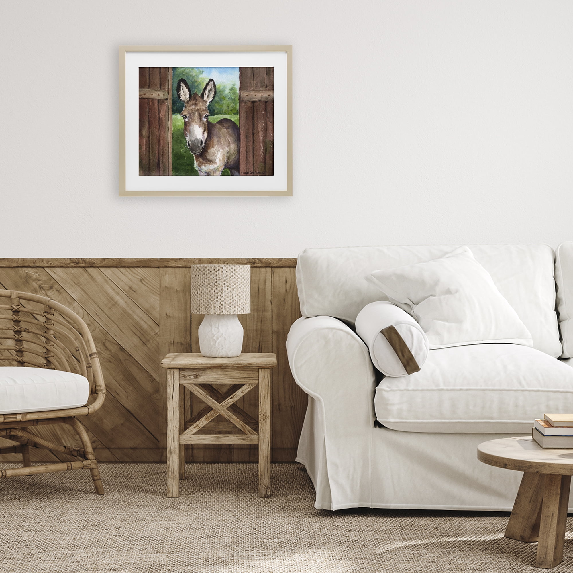 Stupell Industries Donkey in Wooden Gate Birch Framed Print Under Glass, design by George Dyachenko