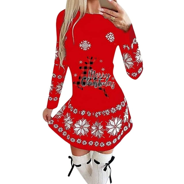 TheFound Women's Dress, Christmas Style Pattern Round Neck Long Sleeve Dress