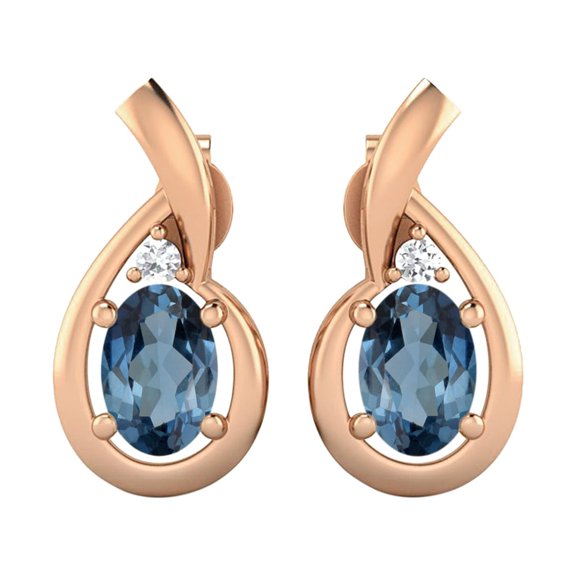 London Blue Topaz Earrings 925 Sterling Silver Rose Vermeil Radiant Teardrop Studs 6x4mm Oval Shape Friction Back