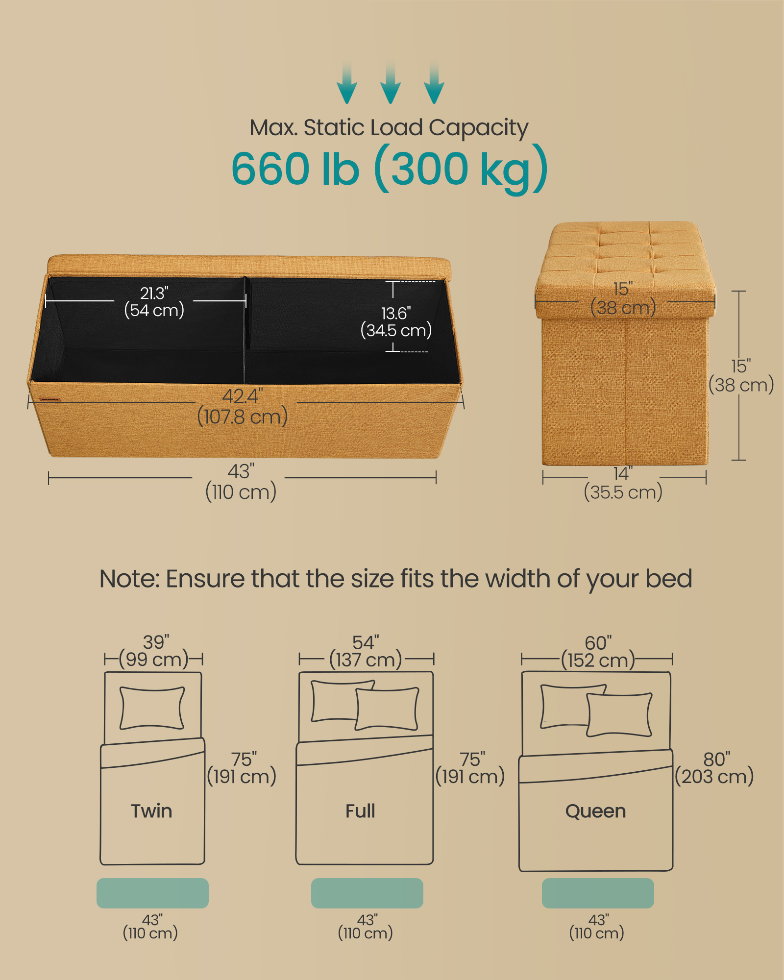 43-Inch Storage Ottoman Bench with Removable Divider, 660 lb Capacity Folding Footrest for Living Room Bedroom, Ginger