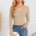 thumbnail image 4 of vigerkar Womens Long Sleeve Shirts V-Neck Rib Knit Slim Fit Tops Casual Stretch Basic Tee Going Out Top Fall Fashion (Khaki, M), 4 of 6