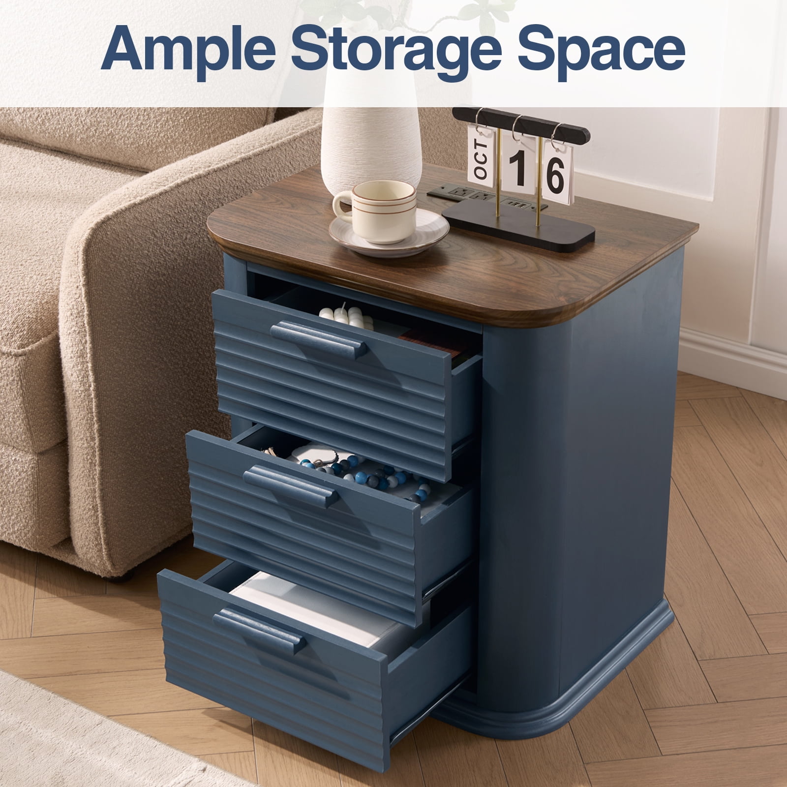 Hommoo 22" Wide Fluted Nightstand with Charging Station, Modern End Table Bedside Tables, 3 Drawer Dresser for Living Room, Bedroom, Home Office, Navy Blue