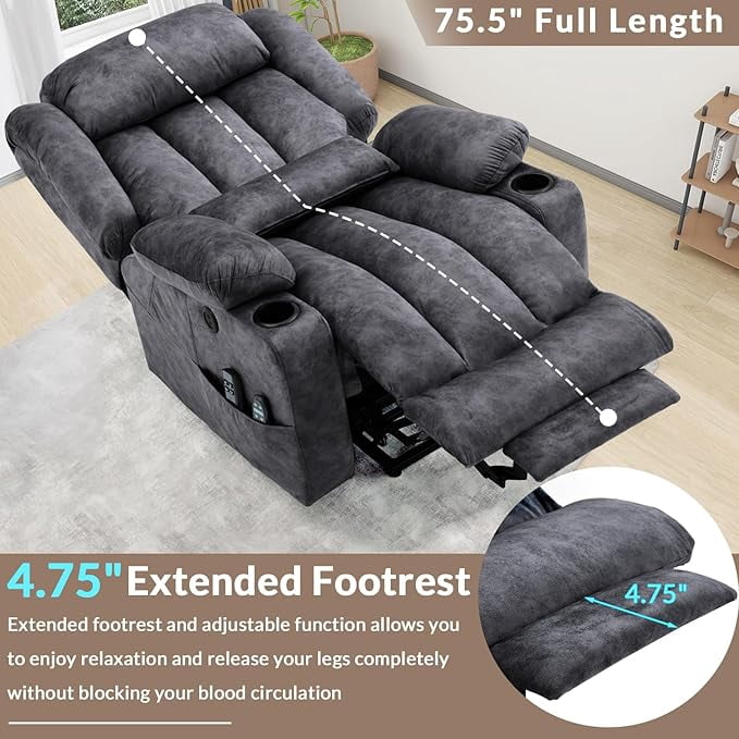EPICOZY Oversized Dual Motor Power Lift Recliner Chair with Extended Footrest for Big Tall Man, Lay Flat Sleeper Electric Recliner with Massage and Heat, Lumbar Pillow, USB & Type-C Port, Gray
