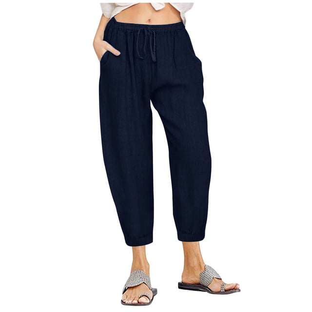 Timegard Womens Capri Pants Elastic Waisted Cinch Bottom Solid Color Casual Crop Trousers with Pockets
