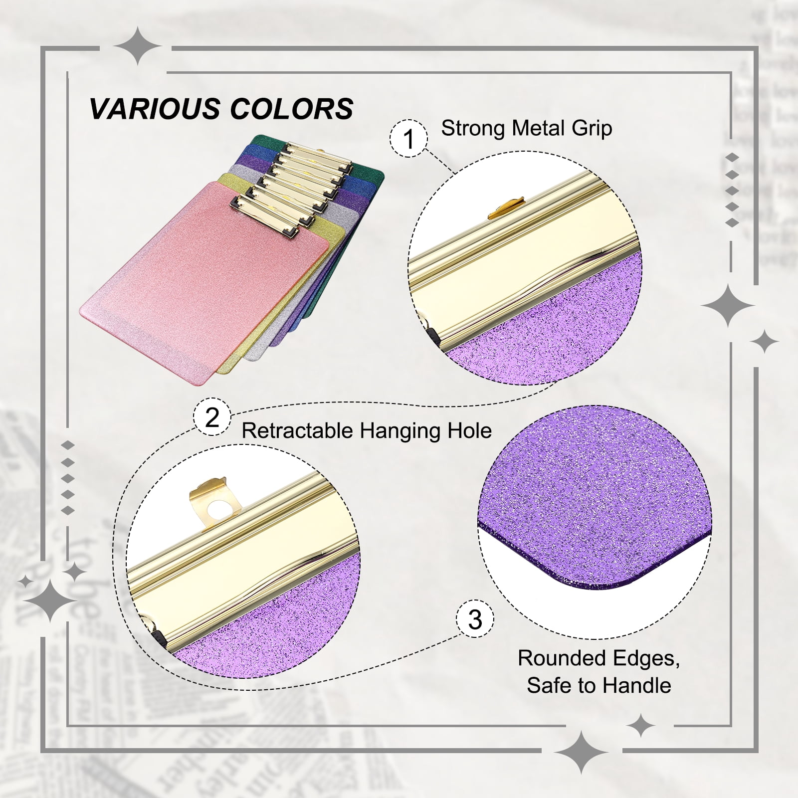 Uxcell 2 Pcs Plastic Clip Boards, A4 Size Glitter Purple Stylish Clip Boards Glitter Design Cute Clipboards Office Supplies for Restaurant Shop Store Note Memo Card Sign Holder