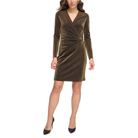Tommy Hilfiger Womens Shimmer Knit Sheath Dress, darkbeige, Petite, 0P