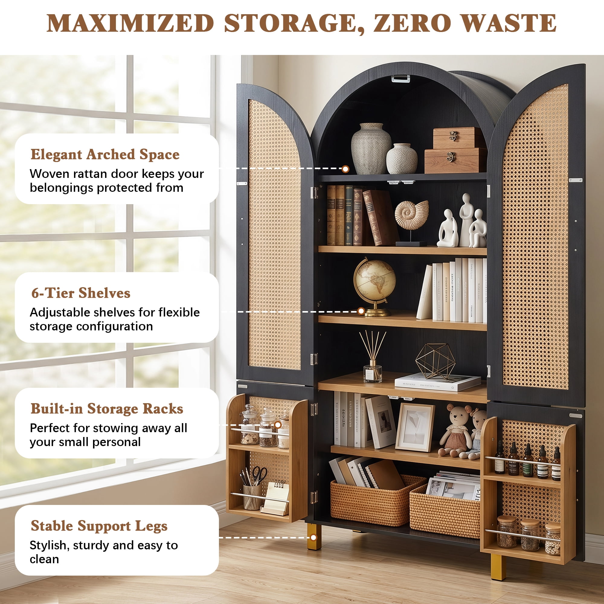 71" Tall Arched Cabinet with Rattan Doors & Adjustable Shelves,4 Doors Modern Farmhouse Storage Cabinet with Built-in Racks for Kitchen, Dining Room, Study, Black