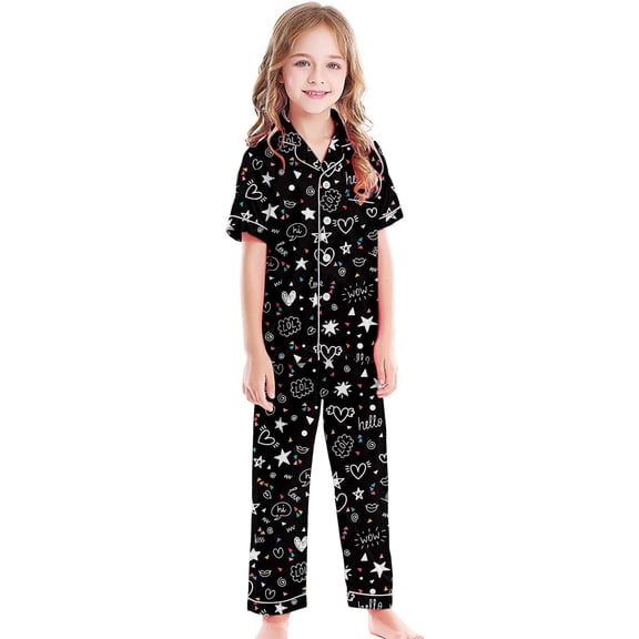 RTKFRFLM Girls Outfits Outfits Set Kids Silk Like Printed Outfits Set Casual Loungewear Loose Fit Elastic Waist Clothing sets Loungewear,Size 6 Years-7 Years