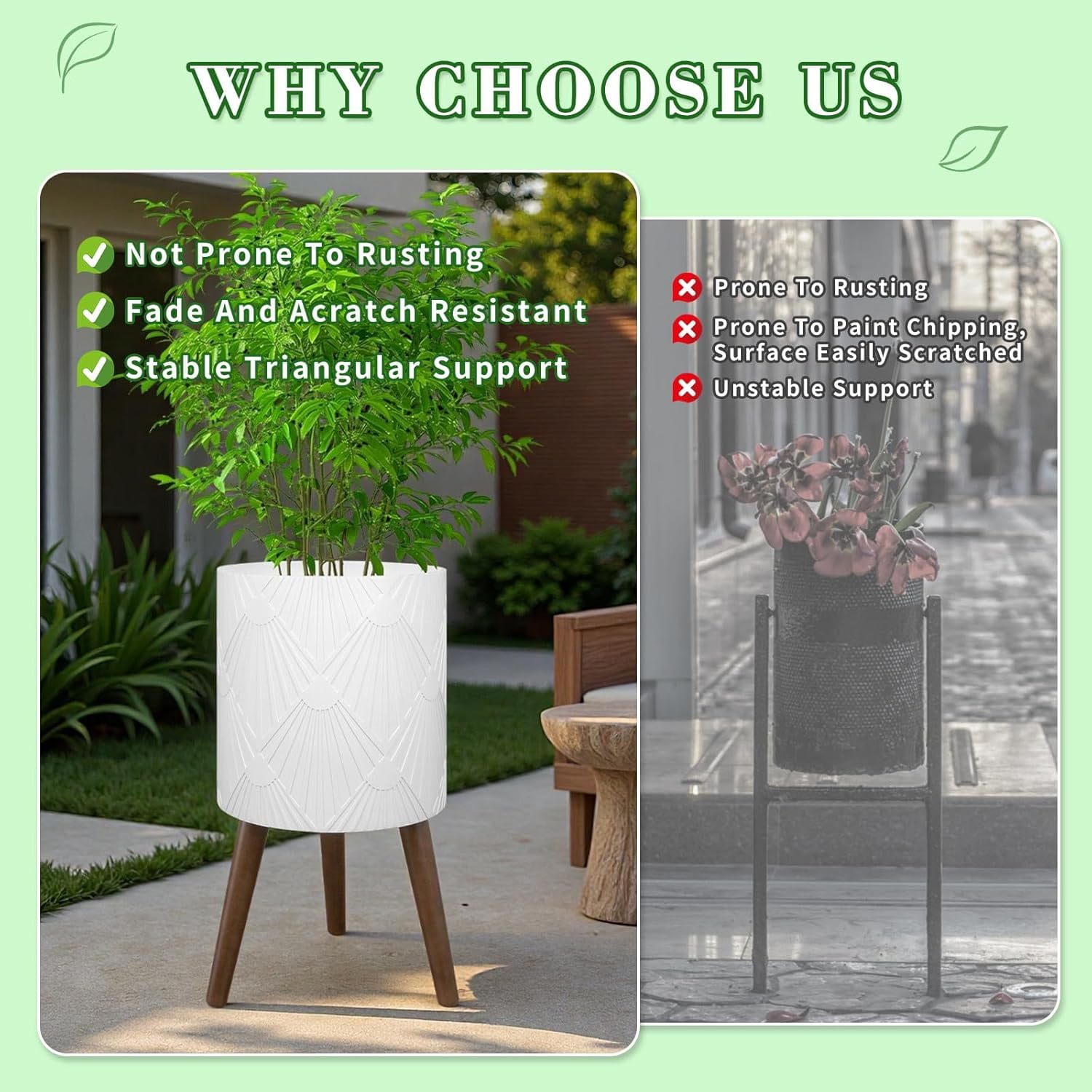 XYJBHB White Plant Pot with Stand, Large Modern Standing Planters Flower Pots for Indoor Outdoor with Drainage Holes and with Legs (Plant Not Included) 2 Pack, 10 & 12 Inches