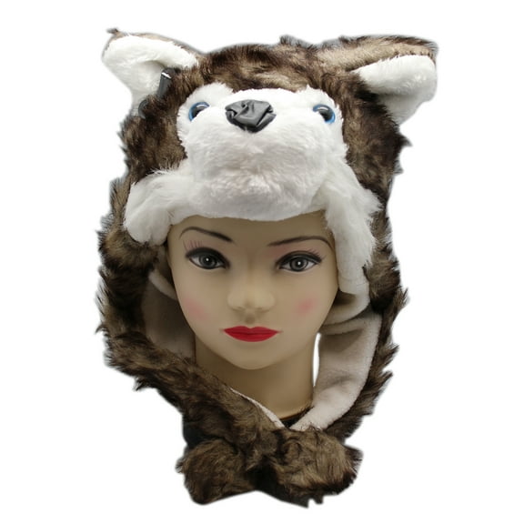 Blue Eyed Husky Plush Hat With Dangling Poms - Husky Winter Hat