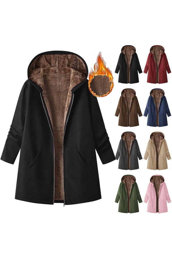 Women's Mid-length Hooded Sherpa Jacket Full Zip Fleece-Lined Fall Winter Coat Loose Warm Outerwear,L,Pink