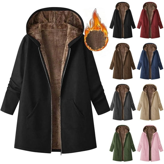 Women's Mid-length Hooded Sherpa Jacket Full Zip Fleece-Lined Fall Winter Coat Loose Warm Outerwear,XXL,Coffee