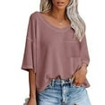 thumbnail image 4 of Women's Knit Short Sleeve Top Summer Loose Solid Blouse Casual V Neck 3/4 Sleeve Shirt, 4 of 8