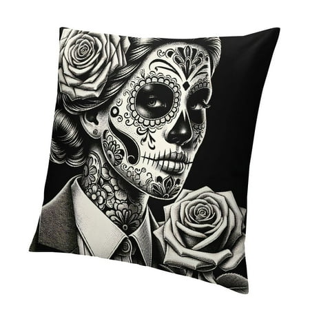 

QCPP Sugar Skull Girl and Roses Ultra Soft Cozy Short Plush Pillow Cover Home Furnishing Theme High-Quality Printed Invisible Zipper Design 1PC 18x18in