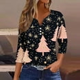 thumbnail image 2 of Feancey V Neck Christmas T Shirts for Women 3/4 Length Sleeve Henley Shirt Holiday Casual Xmas Tree Print Graphic Tees Comfy Loose Tunic Tops Pink L, 2 of 5