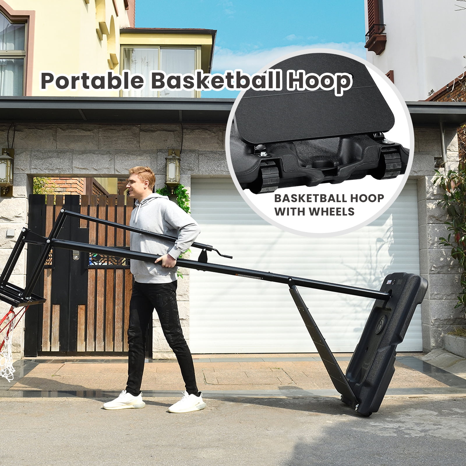 Anymay Portable Basketball Hoop Outdoor with 44in Polycarbonate Backboard,5.3-10FT Height Adjustable Basketball Hoop Goal System,Black