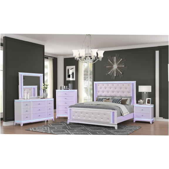 JERFIT 5-Piece Queen LED Bedroom Set with Upholstered Bed, Dresser, Mirror, Nightstand & Chest, Modern White Wood Bedroom Furniture