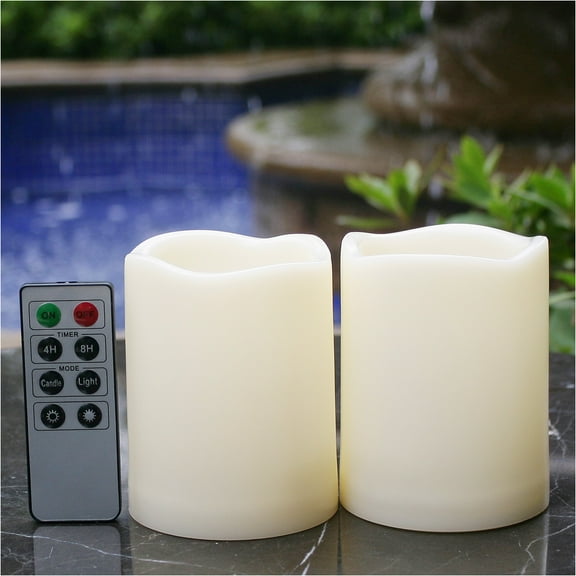 Waterproof Outdoor Flameless LED Candles - with Remote and Timer Realistic Flickering Battery Operated Electric Plastic Resin Pillar Candles for Christmas Decoration 2-Pack 3x4