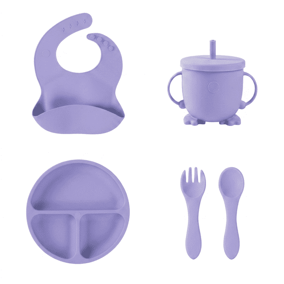 ROSEXIXI Silicone Baby Feeding Set 5 Pcs Baby Eating Essentials Strong Suction Toddler Plates Set Soft Silicone Utensils With Straw Cup And Bib for Infants Self Feeding Training