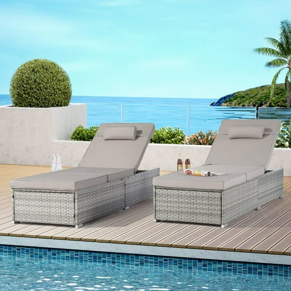 Light Gray Outdoor Chaise Lounge Chair Set of 2, Adjustable PE Rattan Recliners with Cushion & Table for Poolside, Beach, Garden, Patio